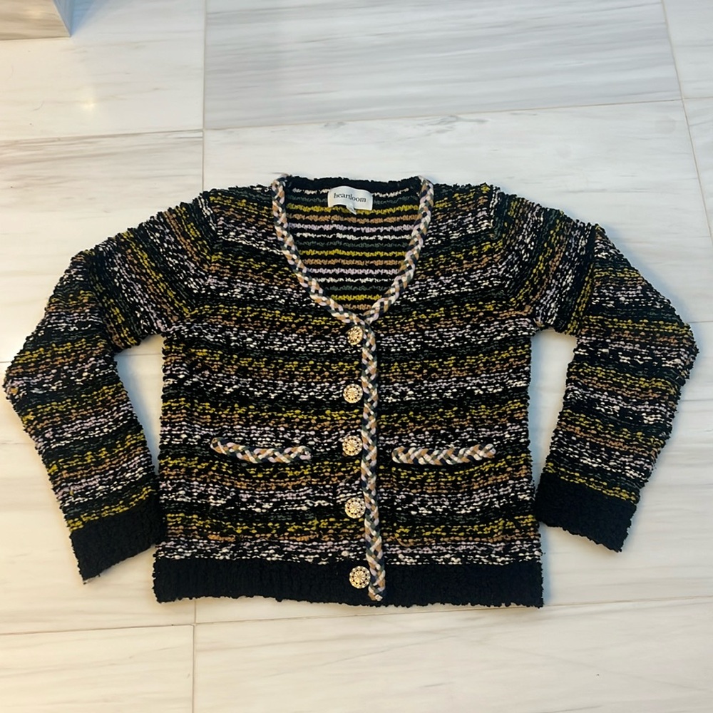Heartloom Navy Multi Color Cardigan Holiday Party Festive Sweater
